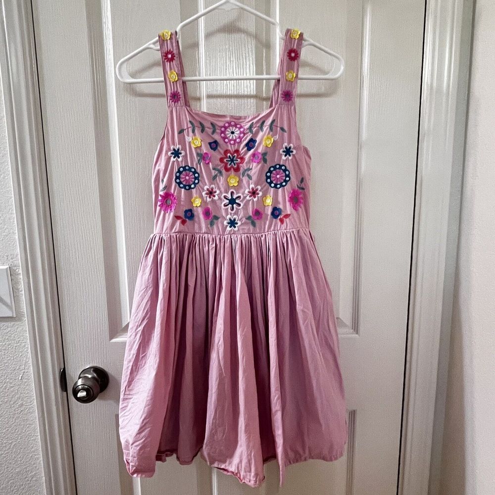 Mini Boden Blush Pink Bright Floral Embroidered Dress Pockets Girls Size 11-12